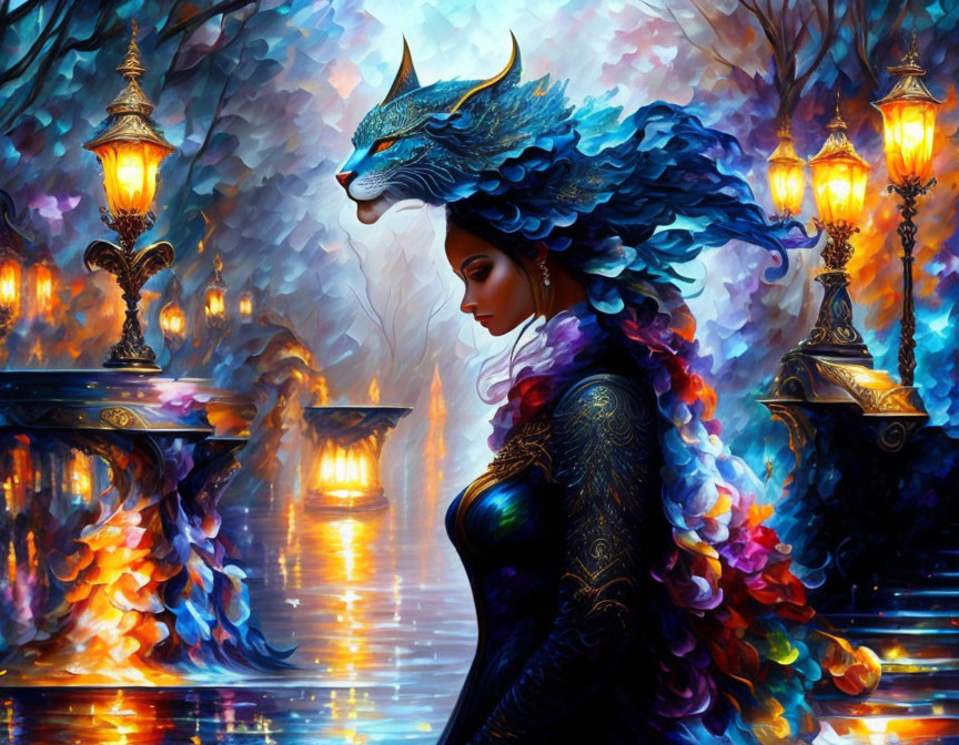 Fantasy Art: Woman with Blue Wolf Headpiece in Enchanted Forest