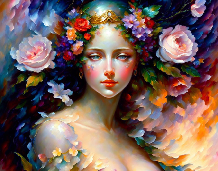 Colorful painting of woman with floral wreath and gold tiara amidst lush blooms
