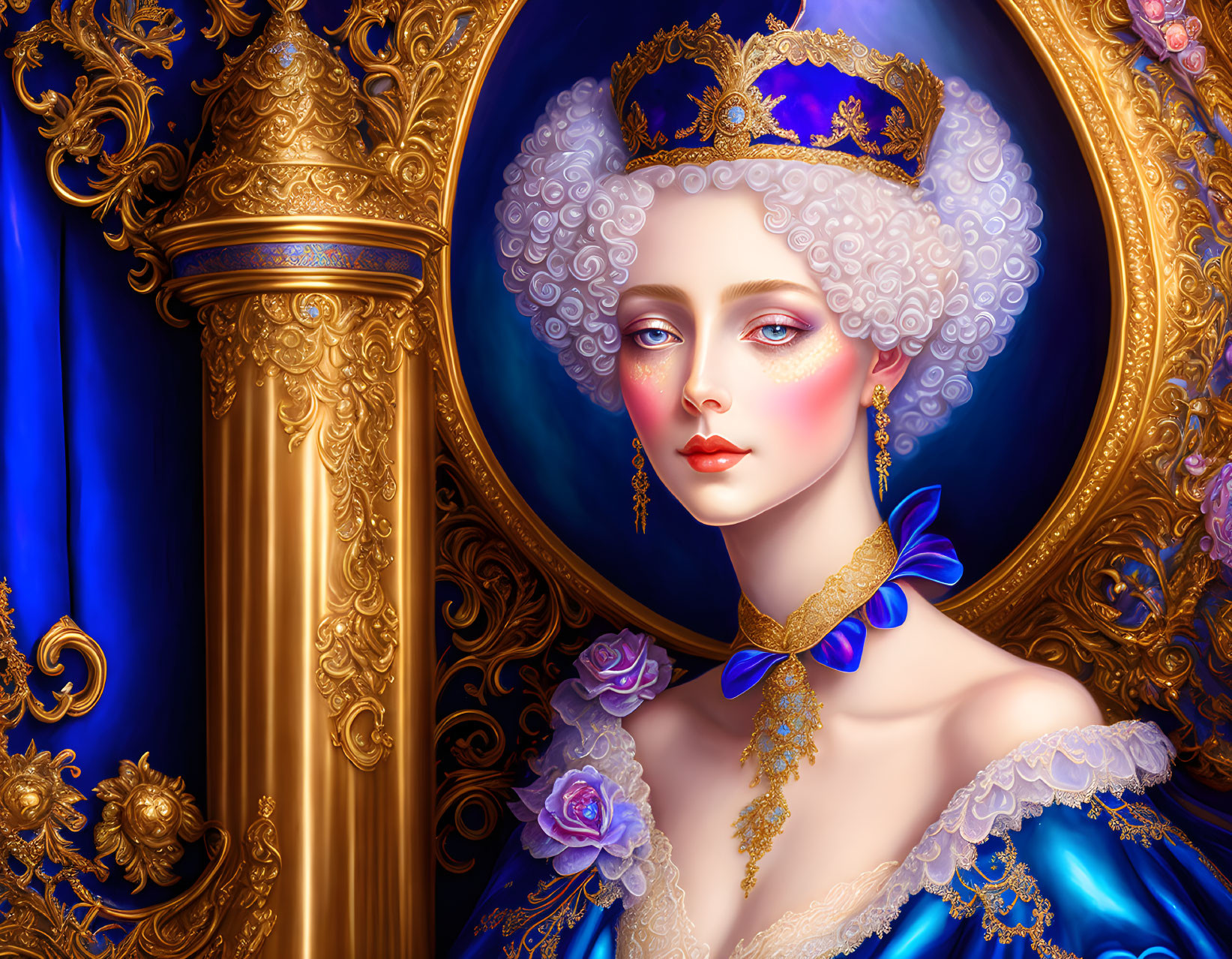 Illustration of noblewoman with white wig, blue gown, and golden accessories by golden pillar