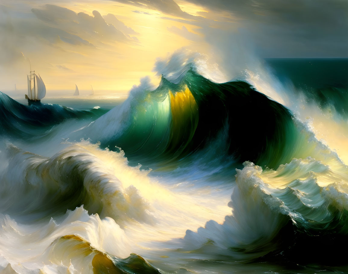 Dramatic sunset painting of tumultuous sea waves with ships.