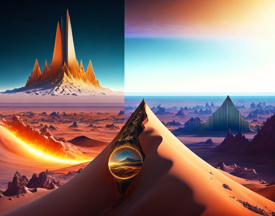 Contrasting fantasy landscapes: desert rocks vs. green mountains