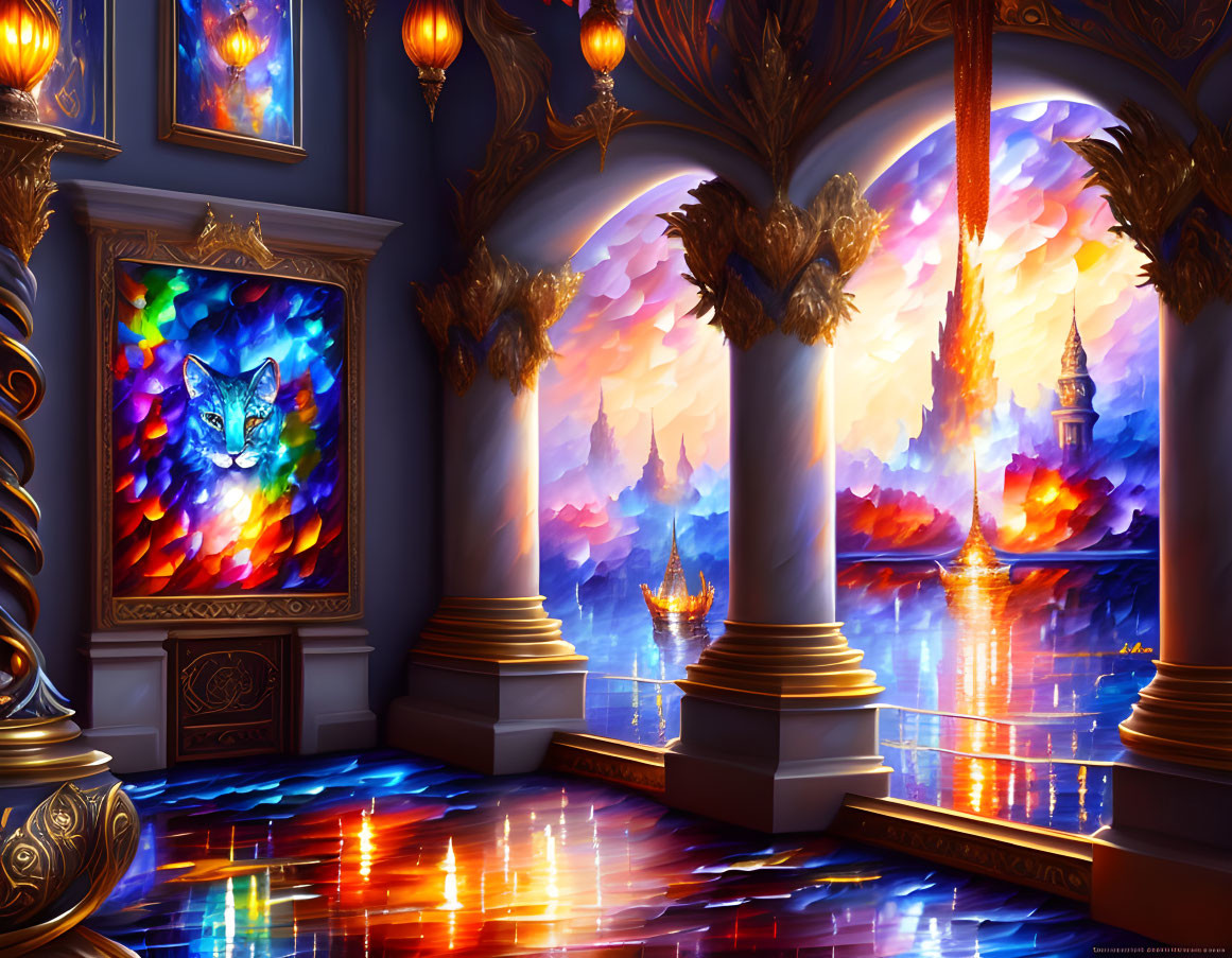 Colorful Cat Painting in Vibrant Fantasy Art Interior