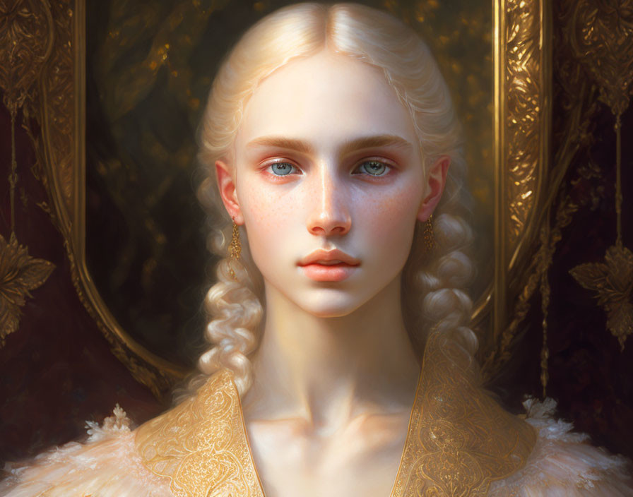 Portrait of young woman with pale skin, blue eyes, and braided blonde hair in ornate golden