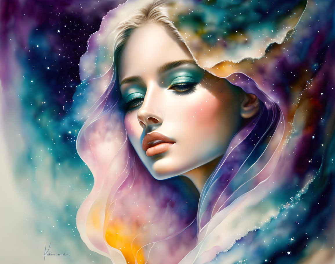 Digital Art: Woman with Ethereal Makeup in Cosmic Background