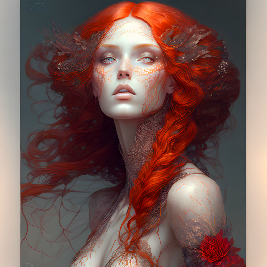 Fantasy digital art: Vibrant red-haired female with floral and lace details