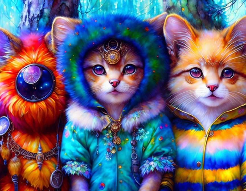 Vibrantly colored anthropomorphic cats in gemstone-studded jackets in a fantastical forest.