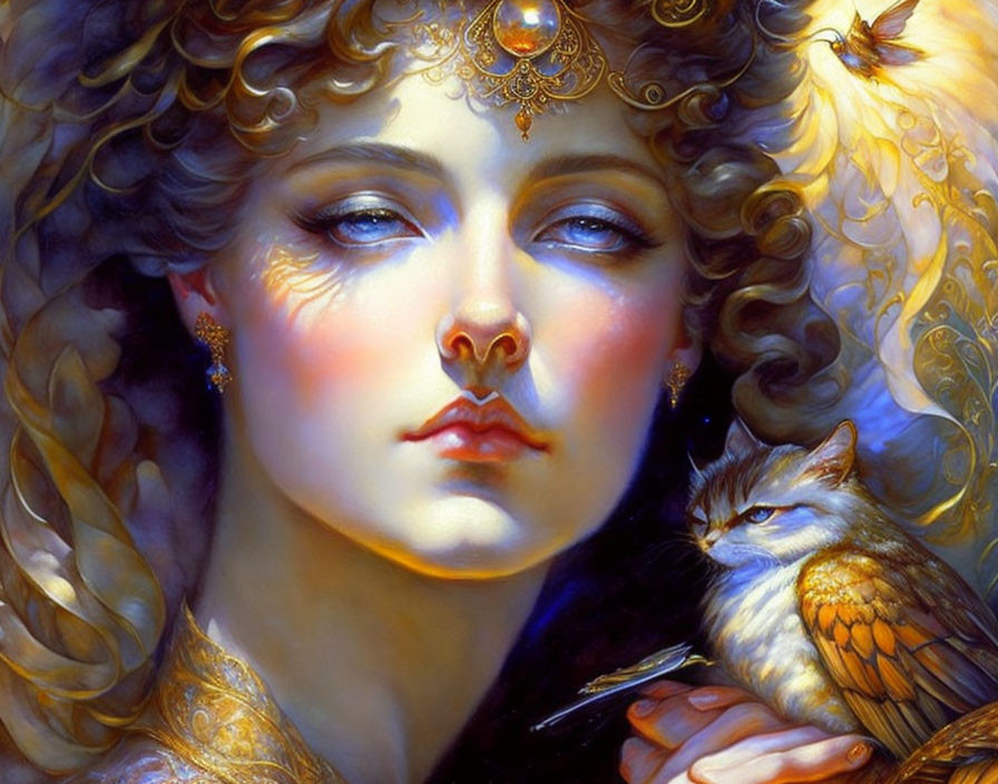 Fantasy art portrait of a woman with golden curls, jewelry, and regal owl.