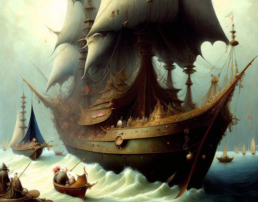 Elaborate galleon sailing turbulent seas with billowing sails and distant fleet
