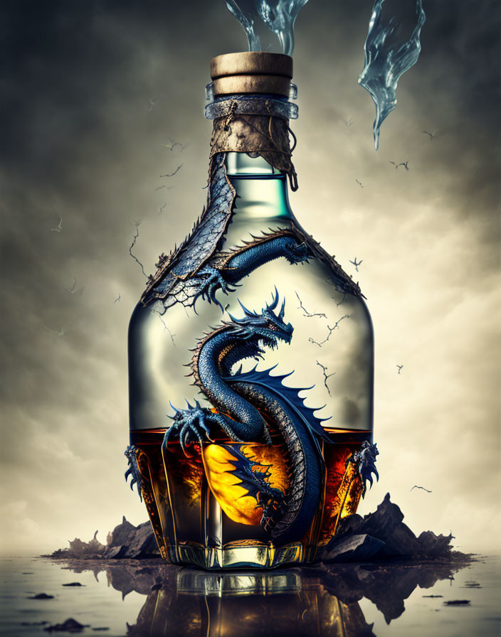 Fantasy illustration of dragon in bottle on rocky terrain under stormy sky
