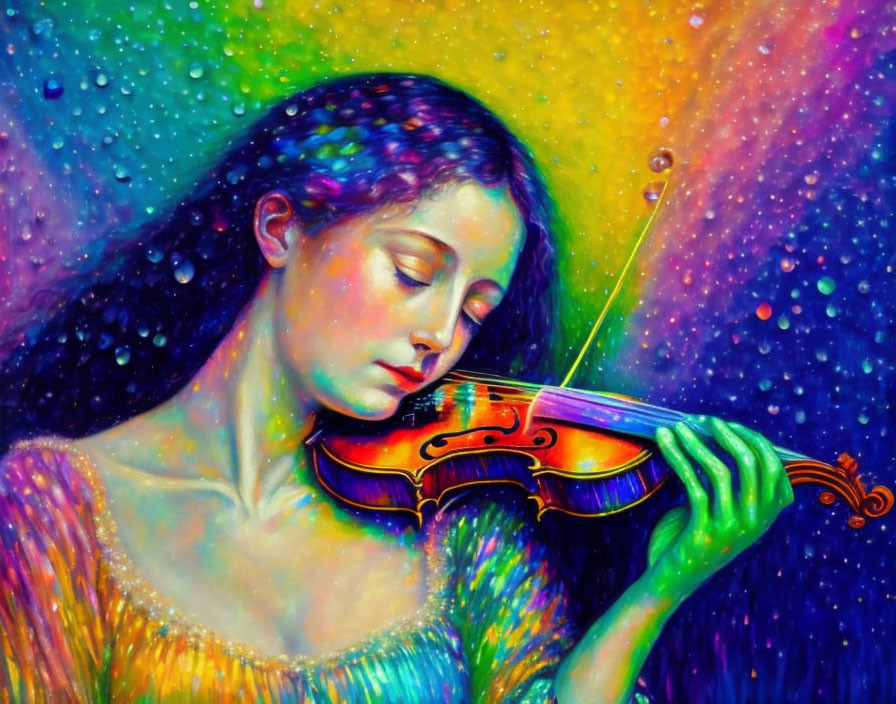 Colorful cosmic background woman playing violin art piece