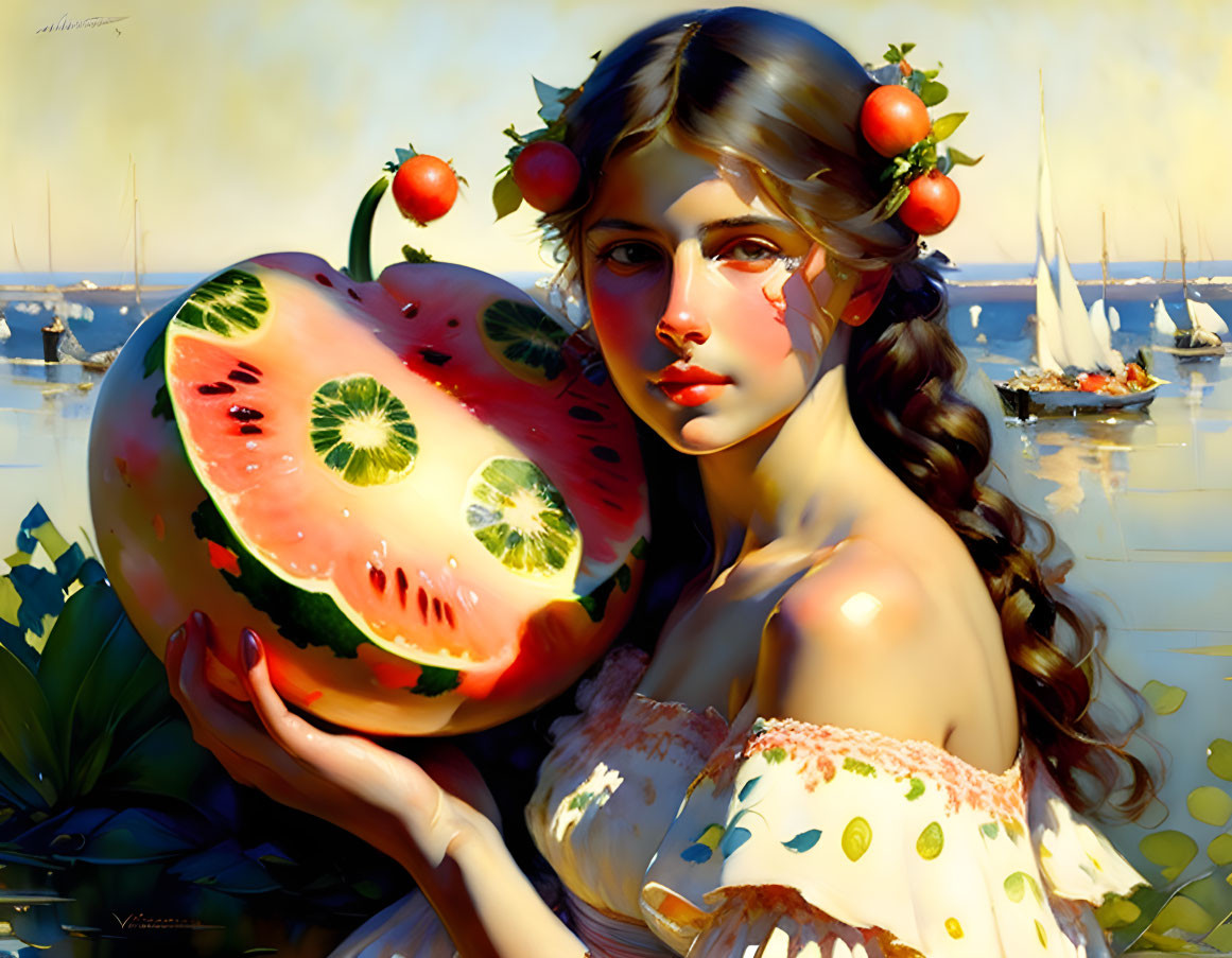 Woman with Watermelon and Sailboats in Golden Light