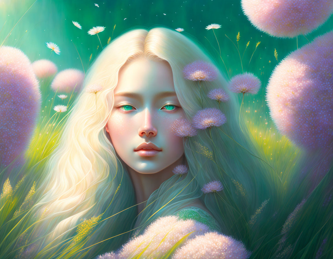 Surreal portrait of woman with platinum blonde hair and blue eyes among pink dandelions