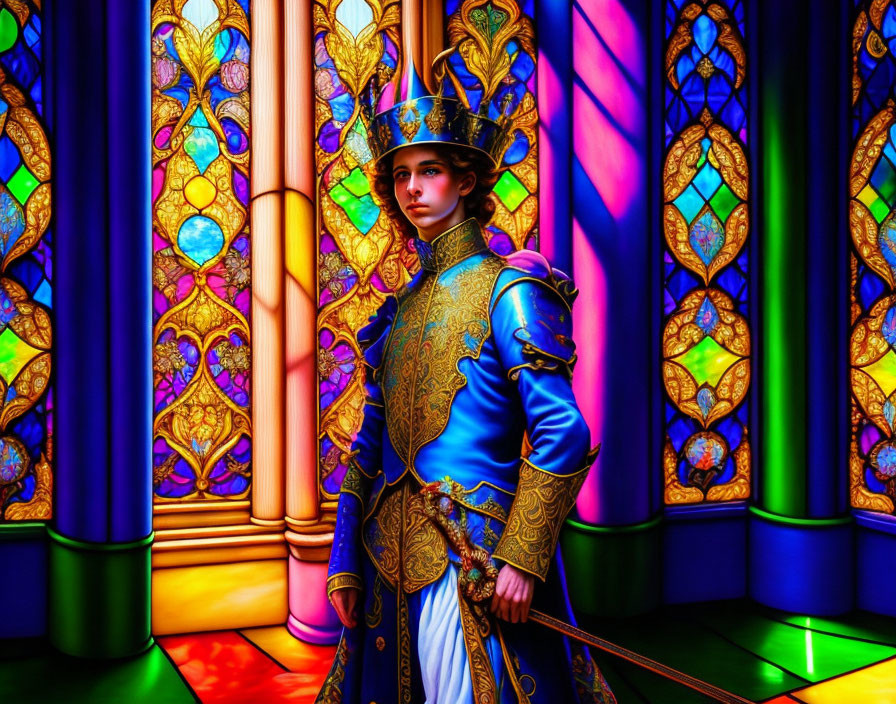 Vibrant blue medieval costume with golden details in front of colorful stained glass window