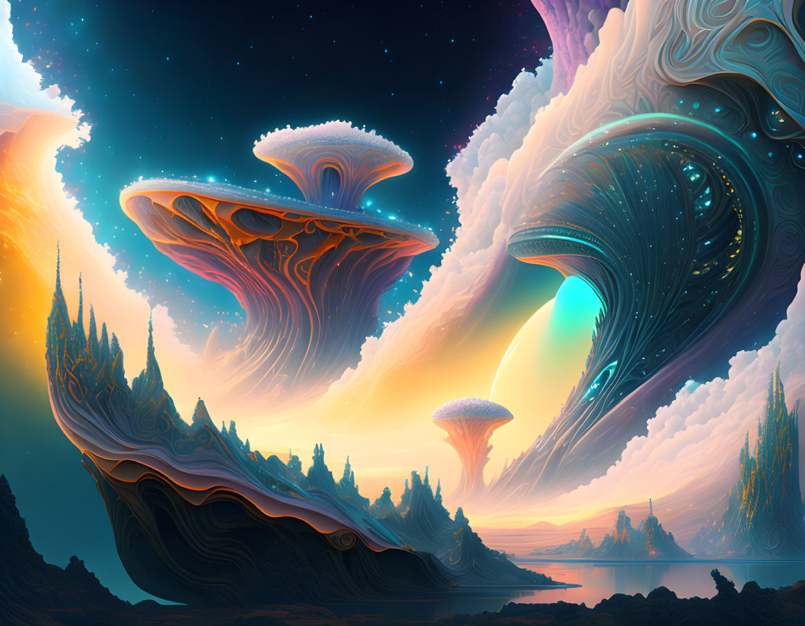 Surreal landscape with mushroom-like structures and vibrant sky