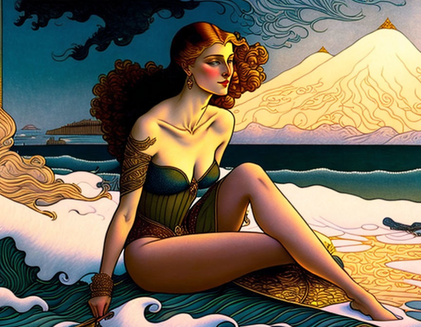 Illustration of woman in bikini by shore with waves and art nouveau mountain