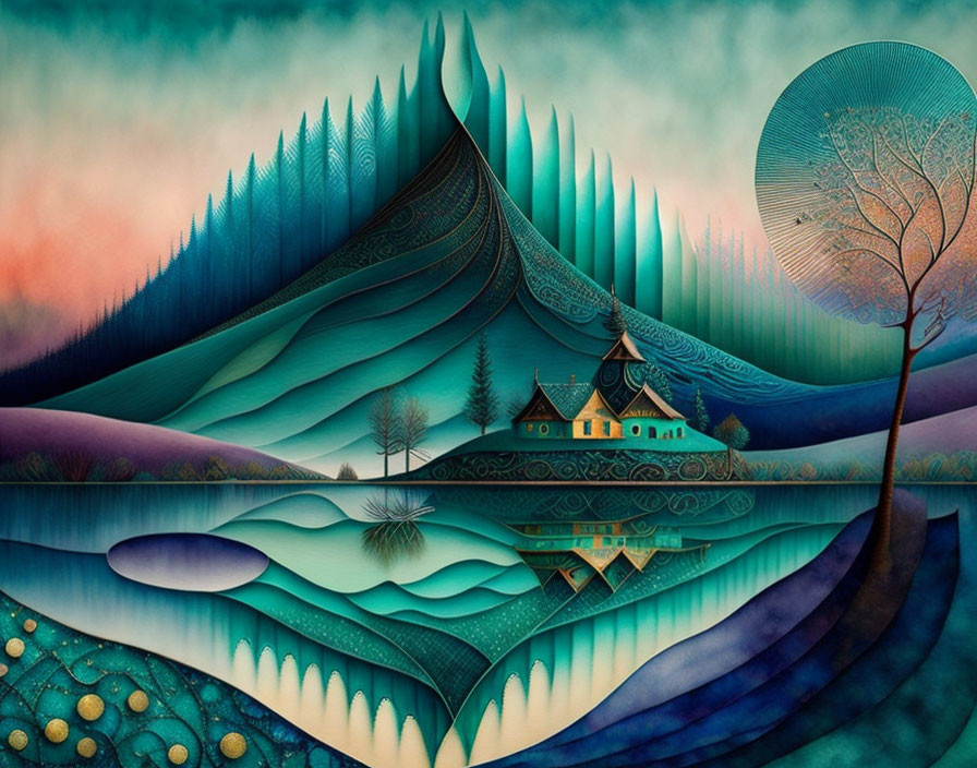 Surreal landscape painting with stylized hills and whimsical elements