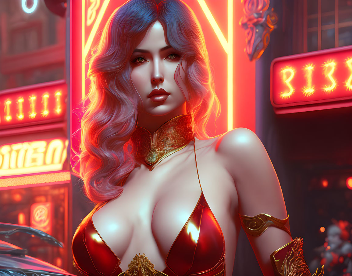 Digital Artwork: Woman with Blue Hair and Red Dress in Neon Urban Setting