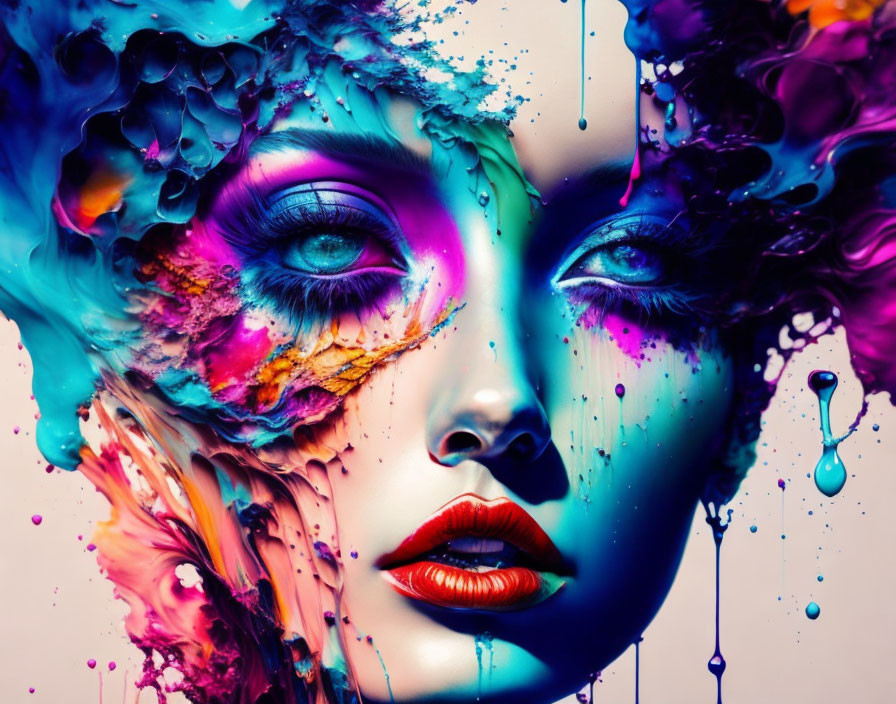 Colorful makeup and paint blend on woman's portrait