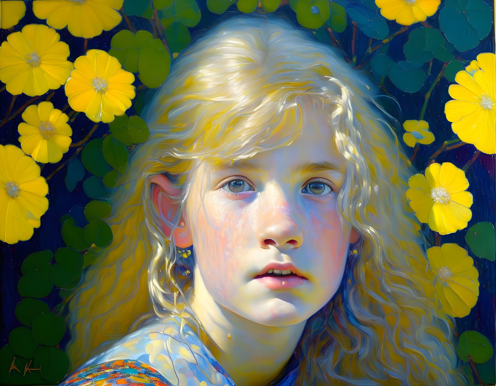 Blonde Curly-Haired Girl Among Yellow Flowers on Blue Background