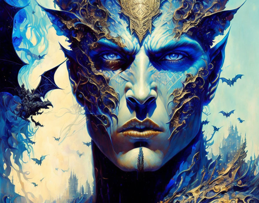 Fantasy artwork of character with blue skin and golden headgear in icy backdrop