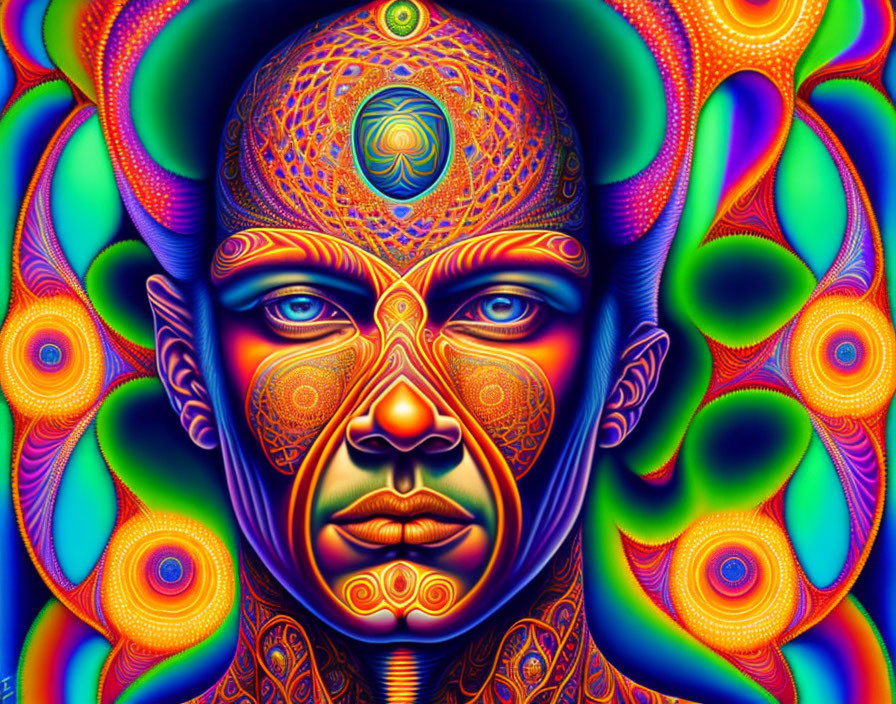 Colorful Psychedelic Human Face Art with Swirling Designs