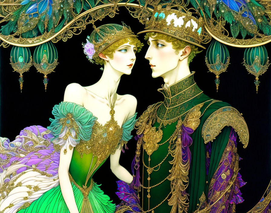 Art Nouveau Style Illustration of Couple in Regal Attire on Elaborate Black Background