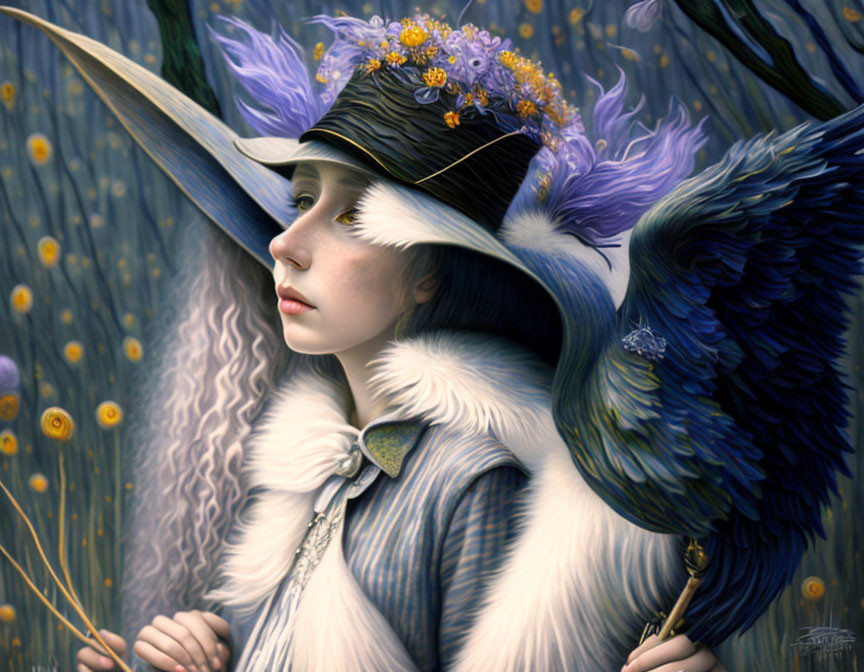 Fantasy illustration of woman with feathered cap and vibrant blue bird-like wing