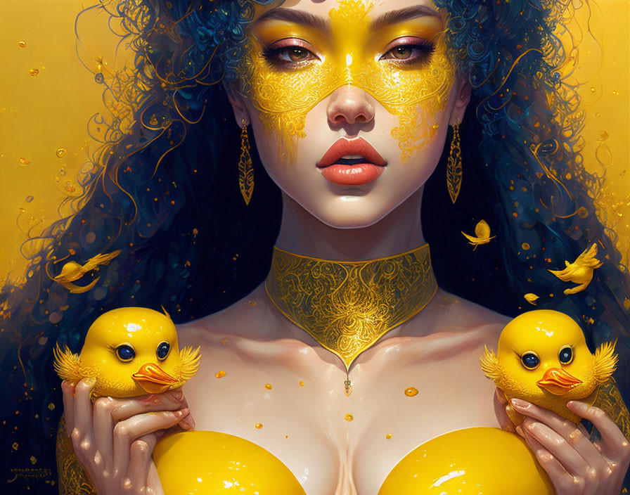 Digital artwork featuring woman with blue hair, yellow makeup, ducklings, and golden patterns