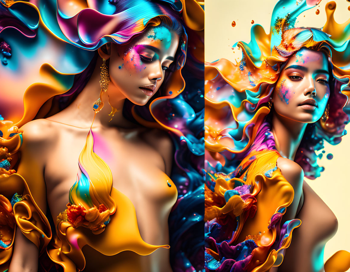 Colorful Abstract Art: Two Women Surrounded by Flowing Liquid Elements