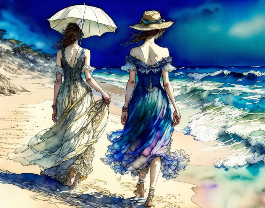 Two women in flowing dresses on sandy beach with white umbrella, crashing waves, dynamic sky