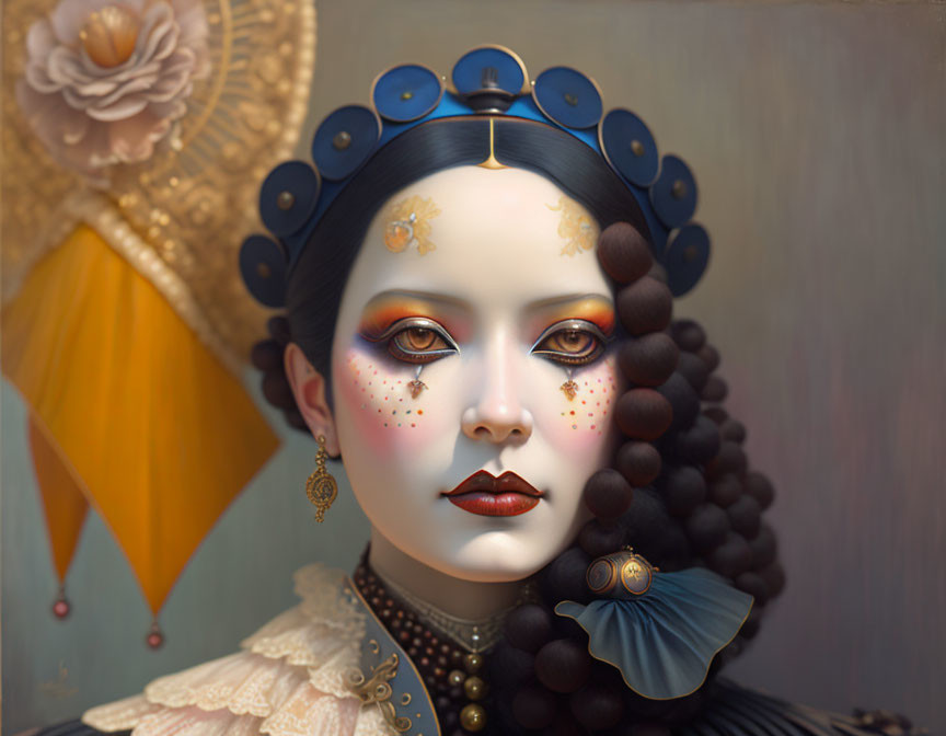 Intricate surreal portrait of a woman with embellished makeup