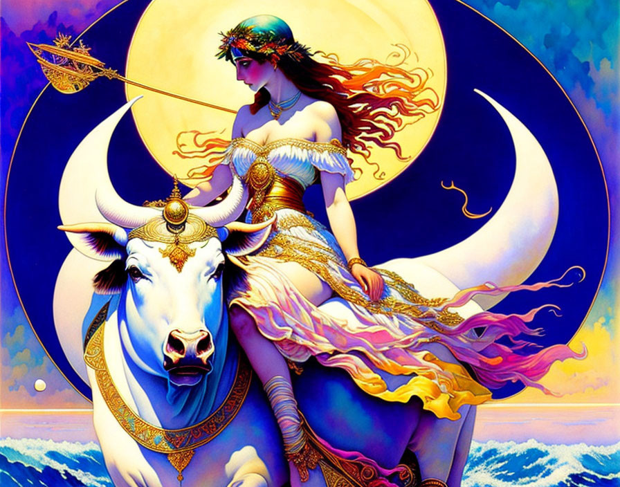 Woman in flowing attire on white bull against moon backdrop and blue sky.