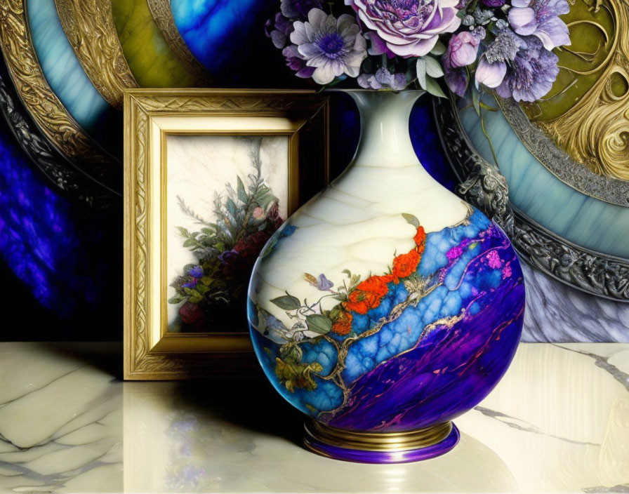 Ornate vase with blue and purple glaze and floral design beside golden-framed artwork on marble