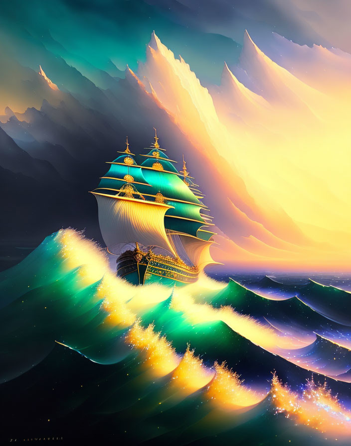 Golden detailed ship on vibrant turquoise waves under dramatic sky