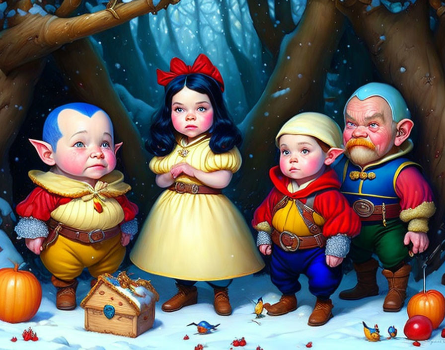 Stylized Snow White with three dwarfs in enchanted forest
