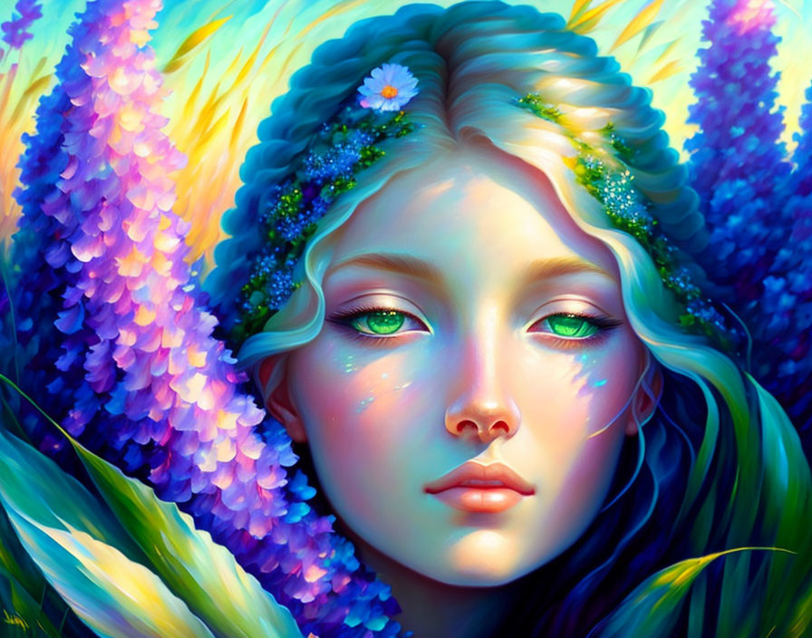 Colorful Woman Portrait with Green Eyes and Floral Elements