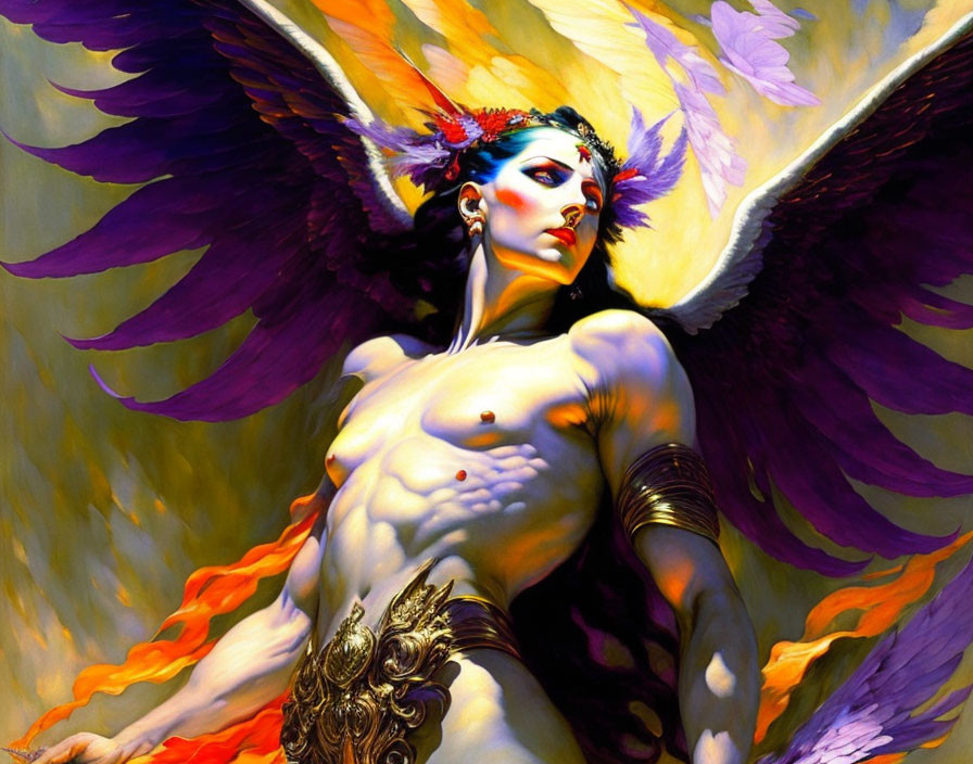 Majestic winged figure with purple wings and golden armlets