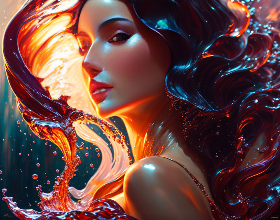 Vibrant digital artwork: Woman with glossy hair blending into colorful swirls