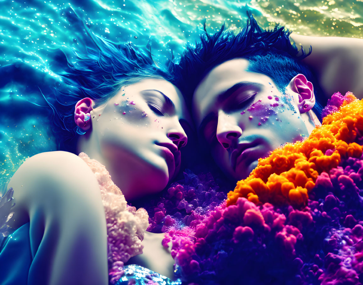 Artistic makeup on two people among colorful flowers and swirling water.