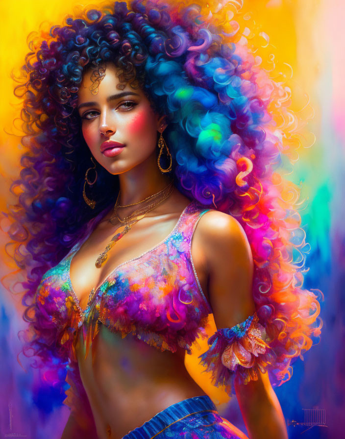 Colorful portrait of a woman with voluminous, multi-colored curly hair and vibrant bohemian attire