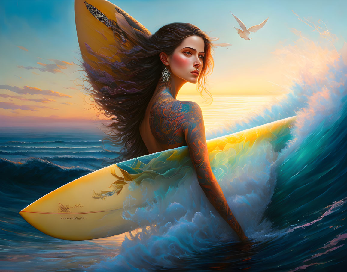 Tattooed woman with surfboard at sunset with waves and bird.