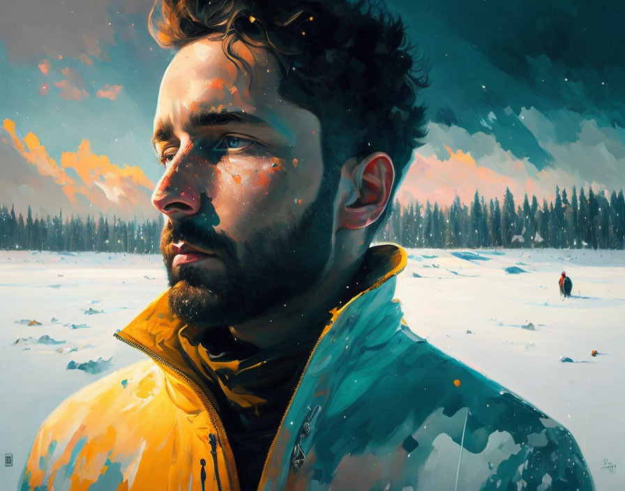 Bearded man in yellow jacket gazes at snowy sunset landscape