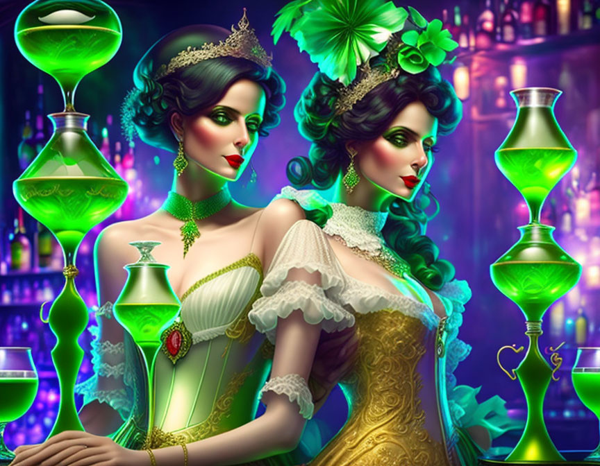 Vintage Dresses: Elegant Women with Elaborate Hairstyles and Green Potions