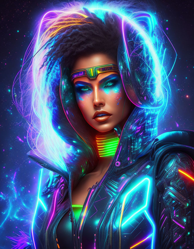 Futuristic woman with glowing neon makeup and vibrant hair in shimmering visor.