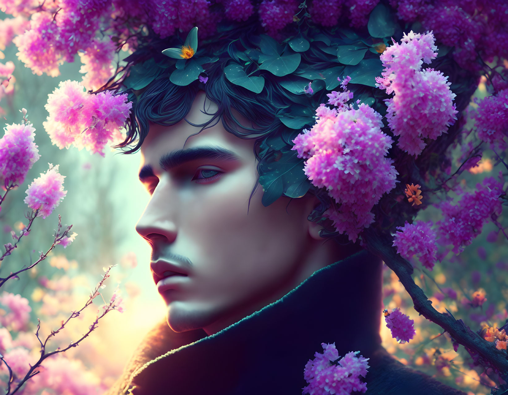 Man with dark hair wearing pink blossom wreath in purple forest