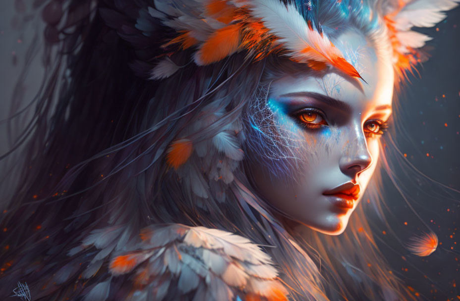 Fantasy portrait of woman with feathered hair and tribal face paint in cool colors.