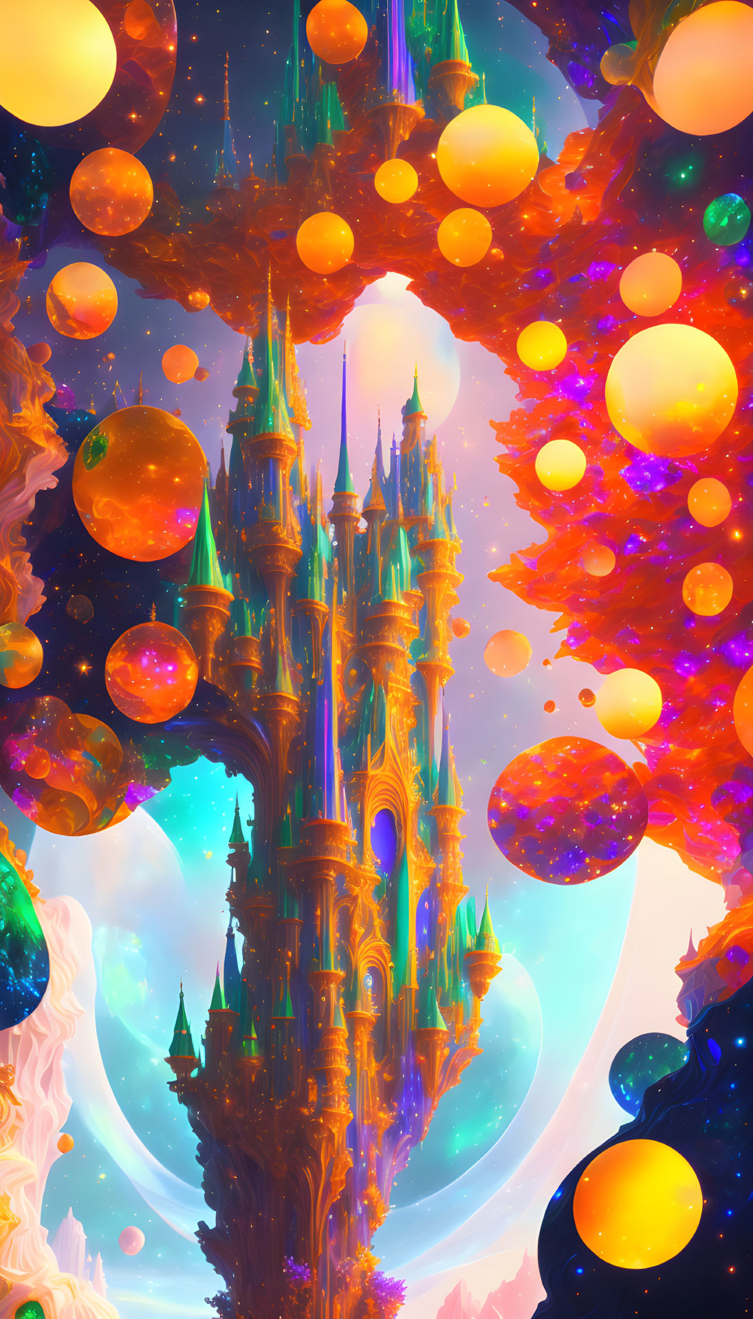 Fantasy castle surrounded by colorful orbs and celestial bodies