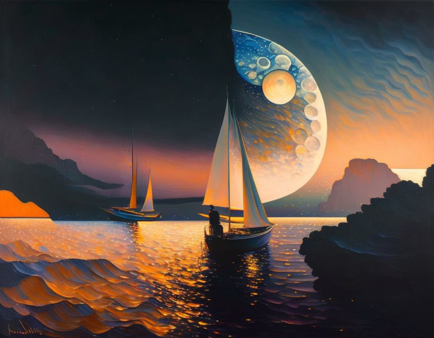 Sailboats on calm water at twilight with moon and stars in orange and blue sky