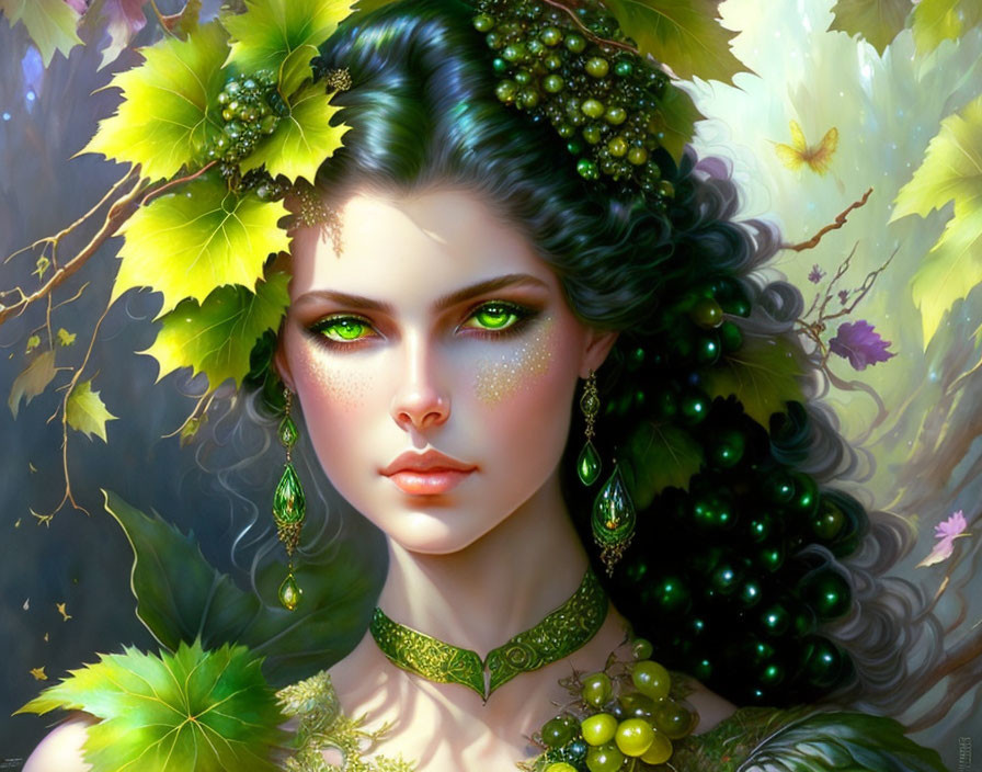 Fantastical portrait of woman with greenery, grapevines, nature-inspired jewelry