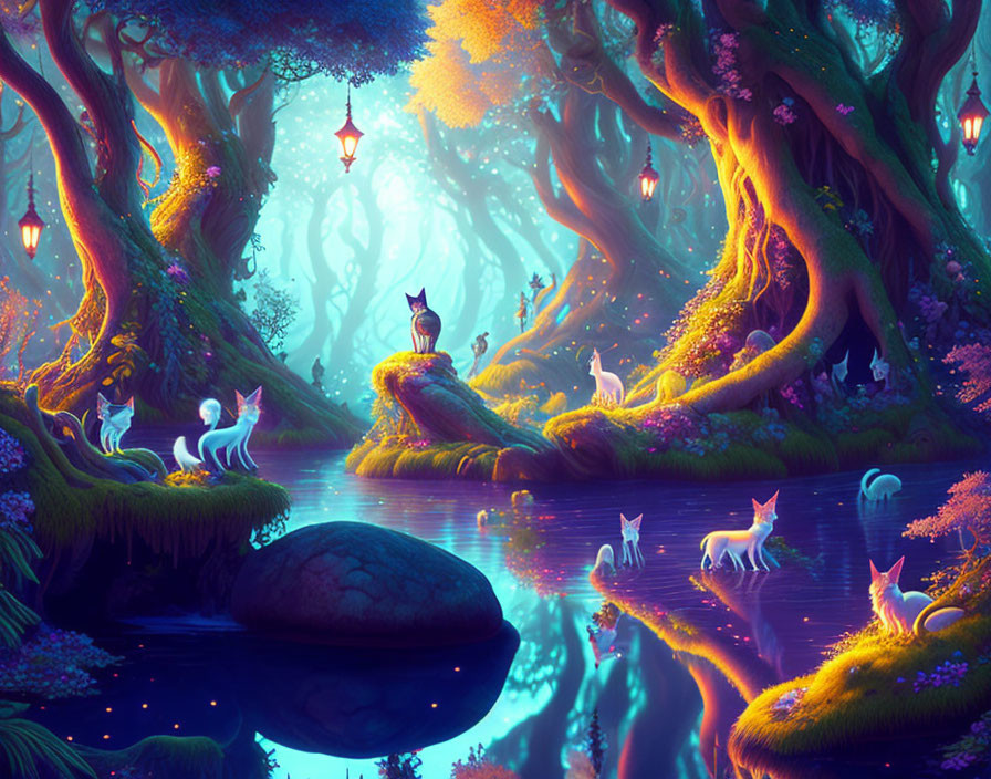 Mystical forest with unicorns, winged cat, and luminous plants